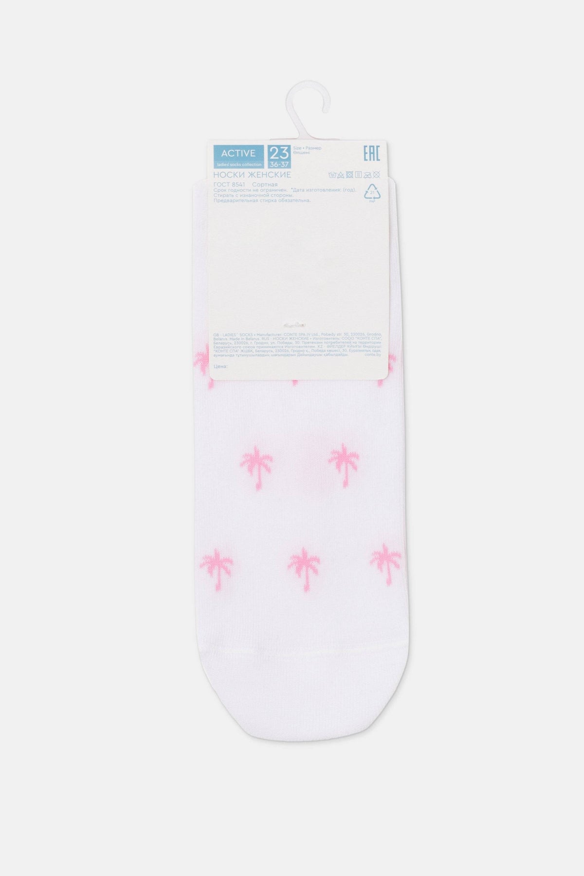 White crew socks with a repeating pattern of small pink palm trees on a hanging display card.