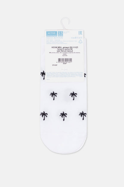 White women's ankle socks featuring a repeated black palm tree pattern, shown flat against a light background with a product tag attached at the top.