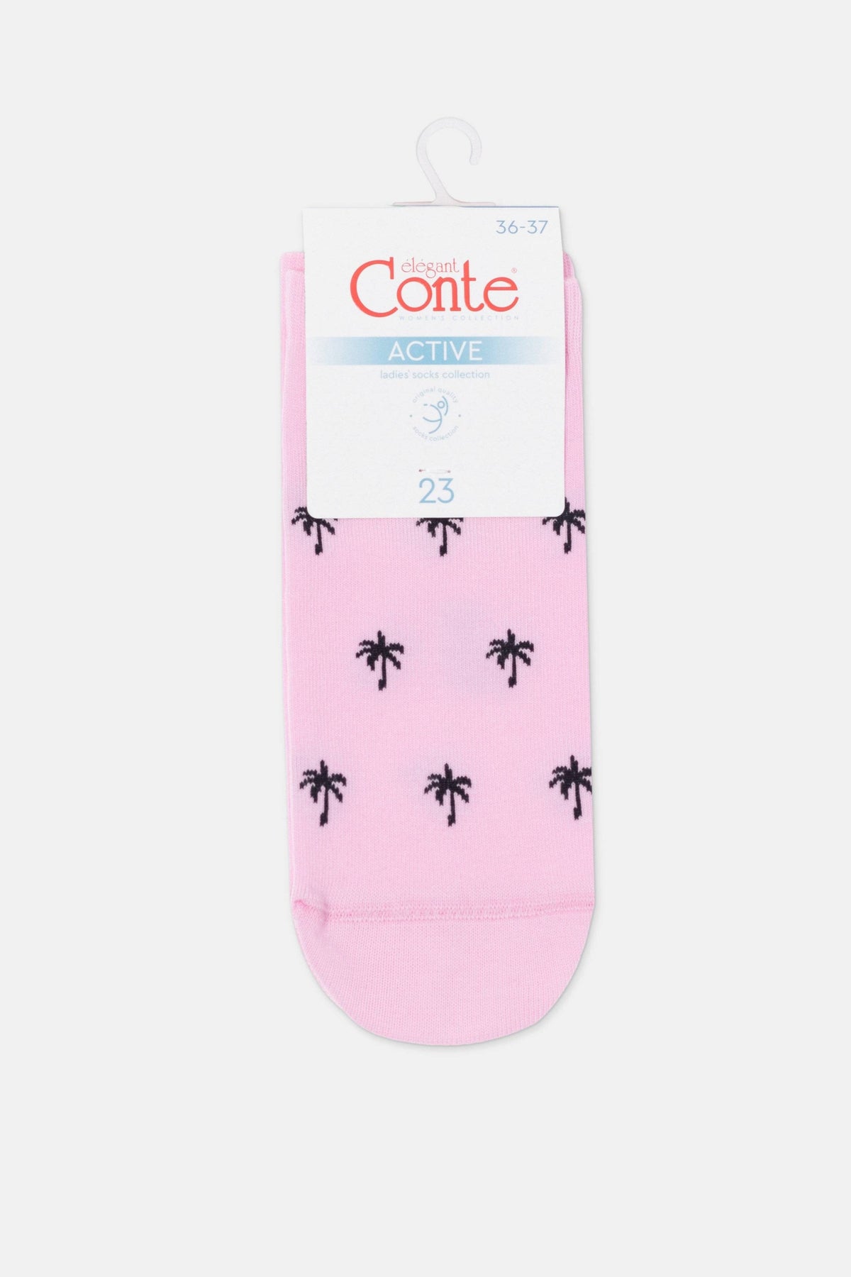 A pair of light pink ankle socks featuring a repeating pattern of small black palm trees on a white hanger.
