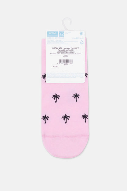 A pair of light pink women's ankle socks featuring a repeating pattern of small black palm trees on a white hanger.