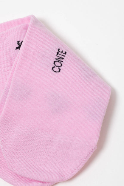 A close-up view of a light pink sock featuring the word CONTE stitched in black thread near the top edge.