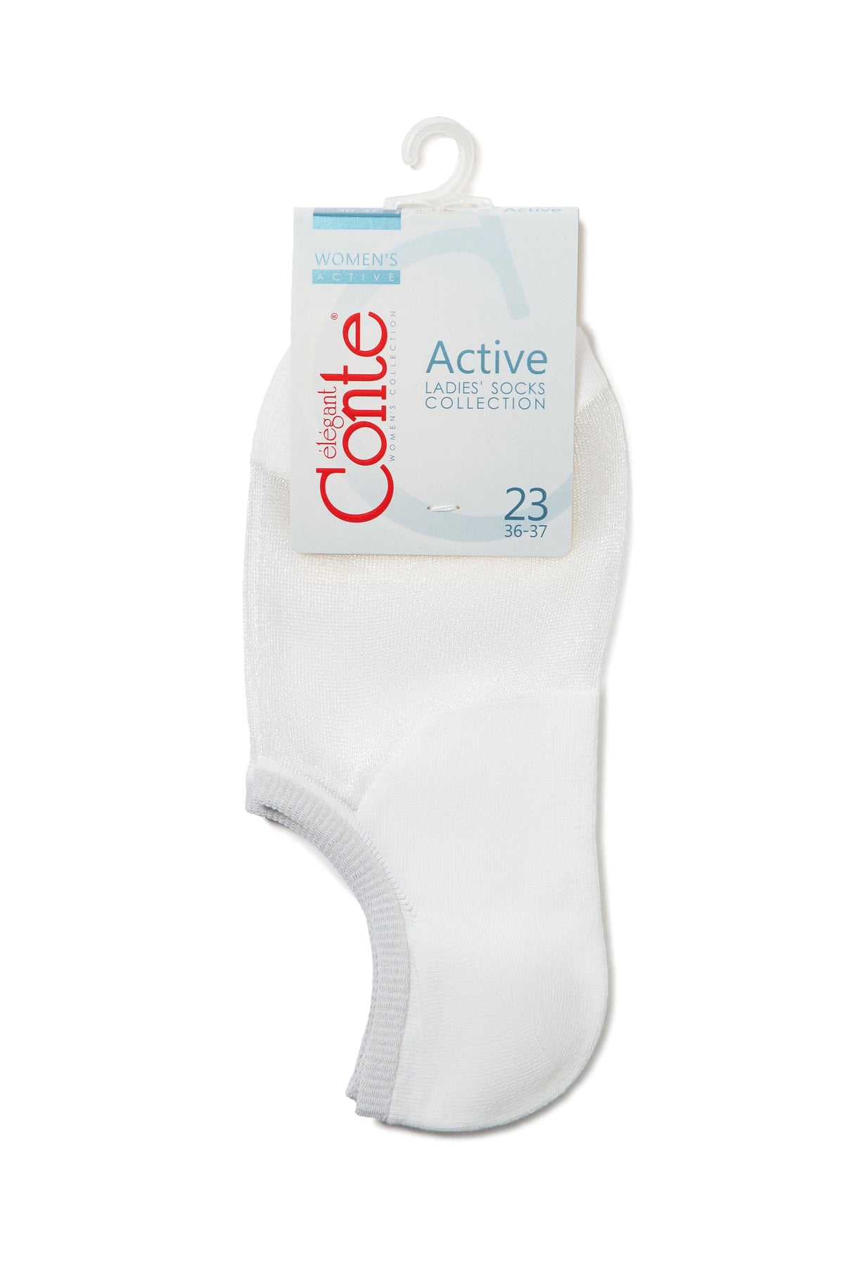 A pair of white low-cut ankle socks are held together by a branded cardboard header card with a plastic hanging hook.