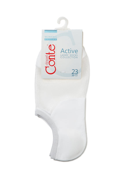 A pair of white low-cut ankle socks are held together by a branded cardboard header card with a plastic hanging hook.