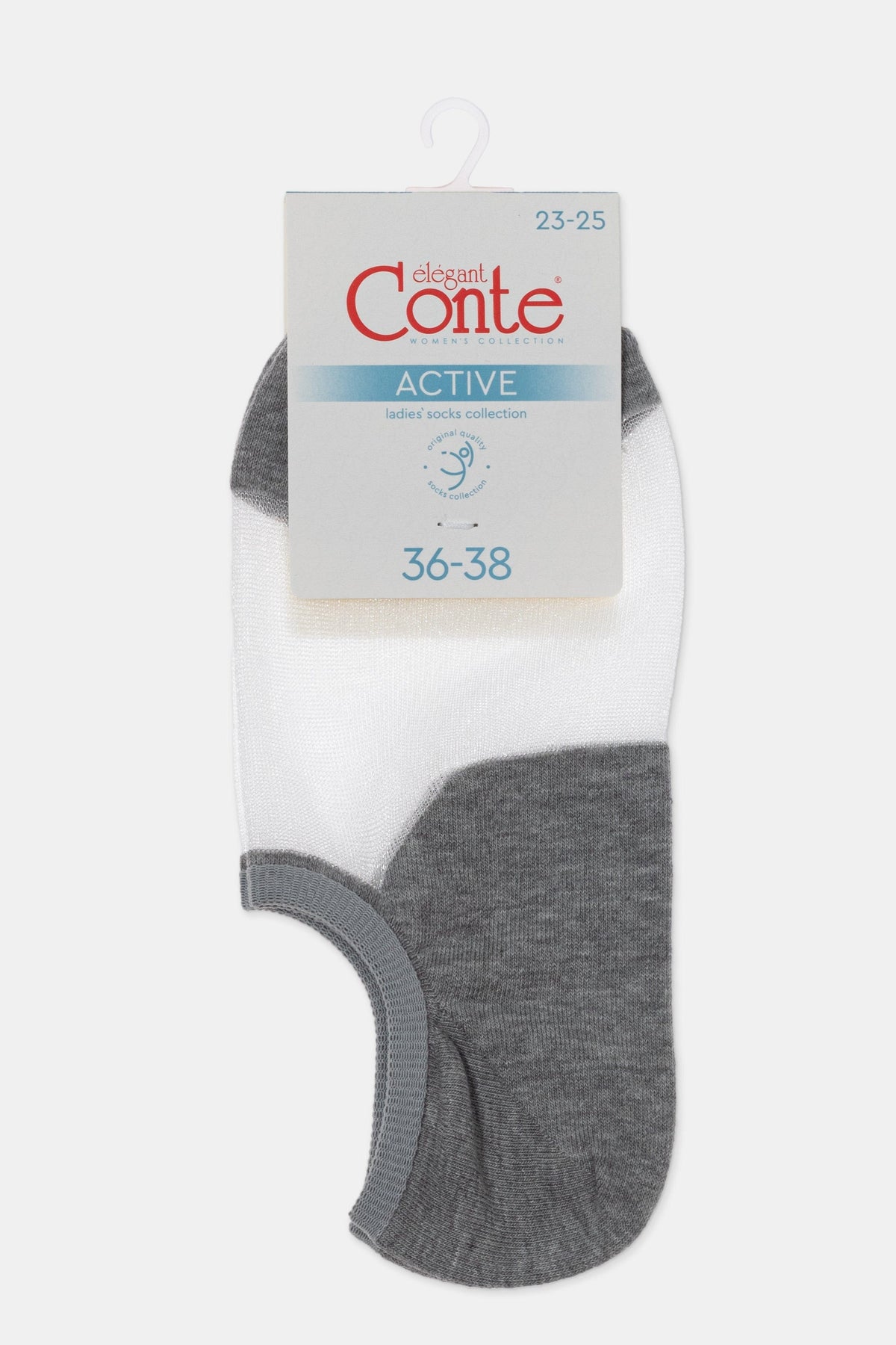 A single ankle sock with a white mesh upper and a solid grey heel and toe section, attached to a branded product tag.