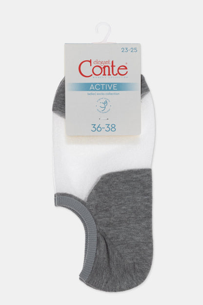 A single ankle sock with a white mesh upper and a solid grey heel and toe section, attached to a branded product tag.