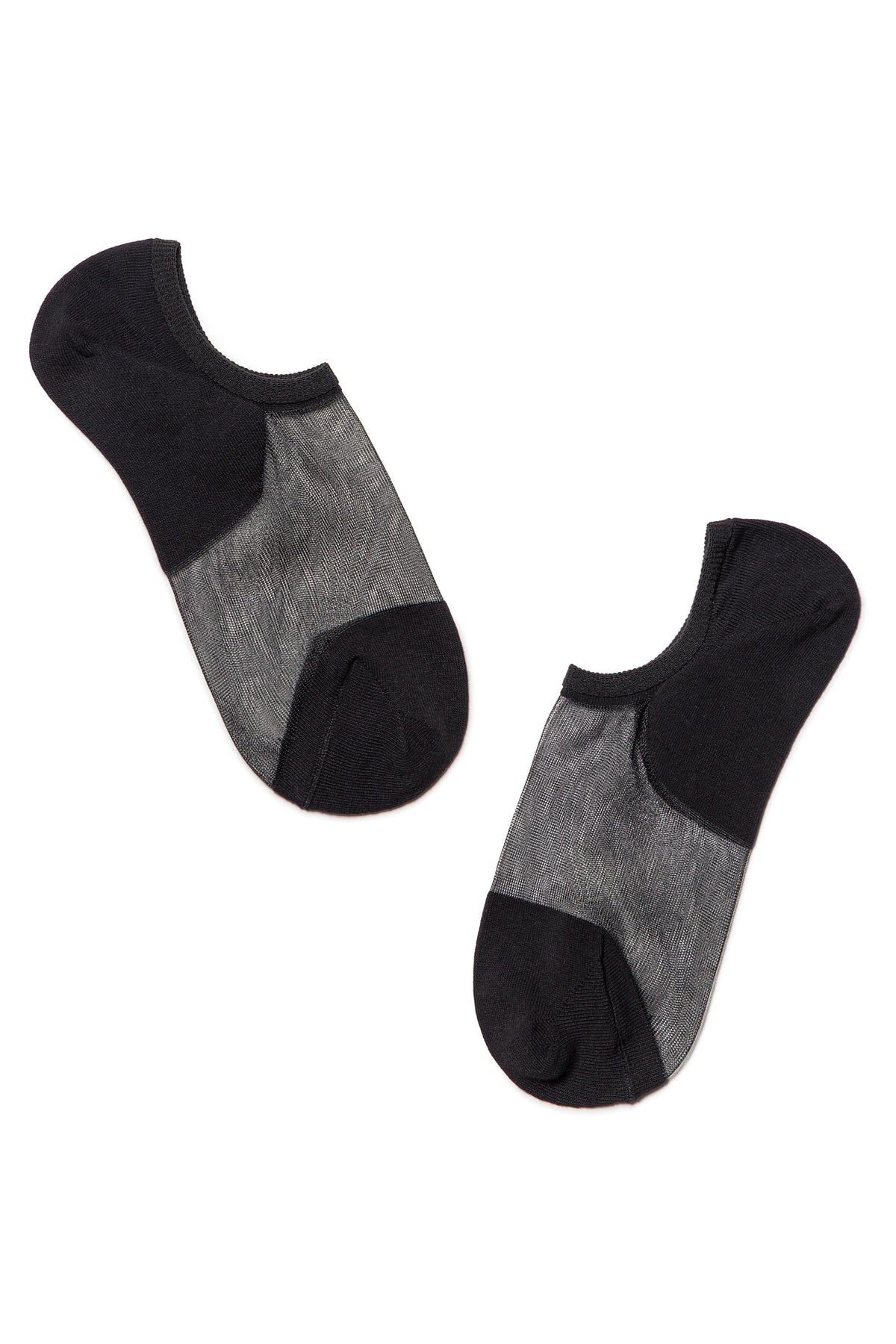 A pair of black no-show socks with a sheer mesh top panel and solid black heel and toe sections against a plain white background.