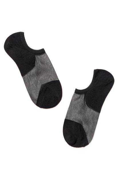 A pair of black no-show socks with a sheer mesh top panel and solid black heel and toe sections against a plain white background.