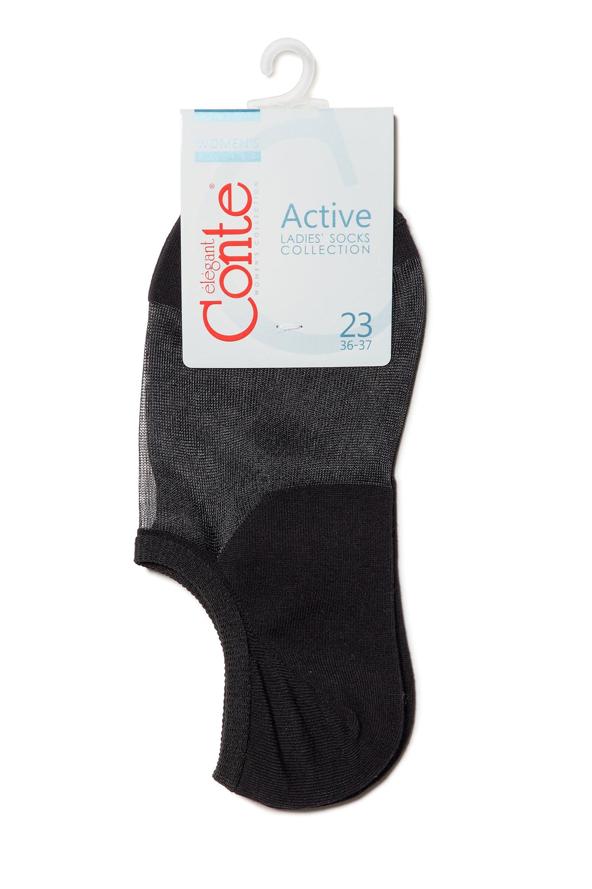 A single black ankle sock with a sheer gray upper section hanging from a white retail cardboard header tag.