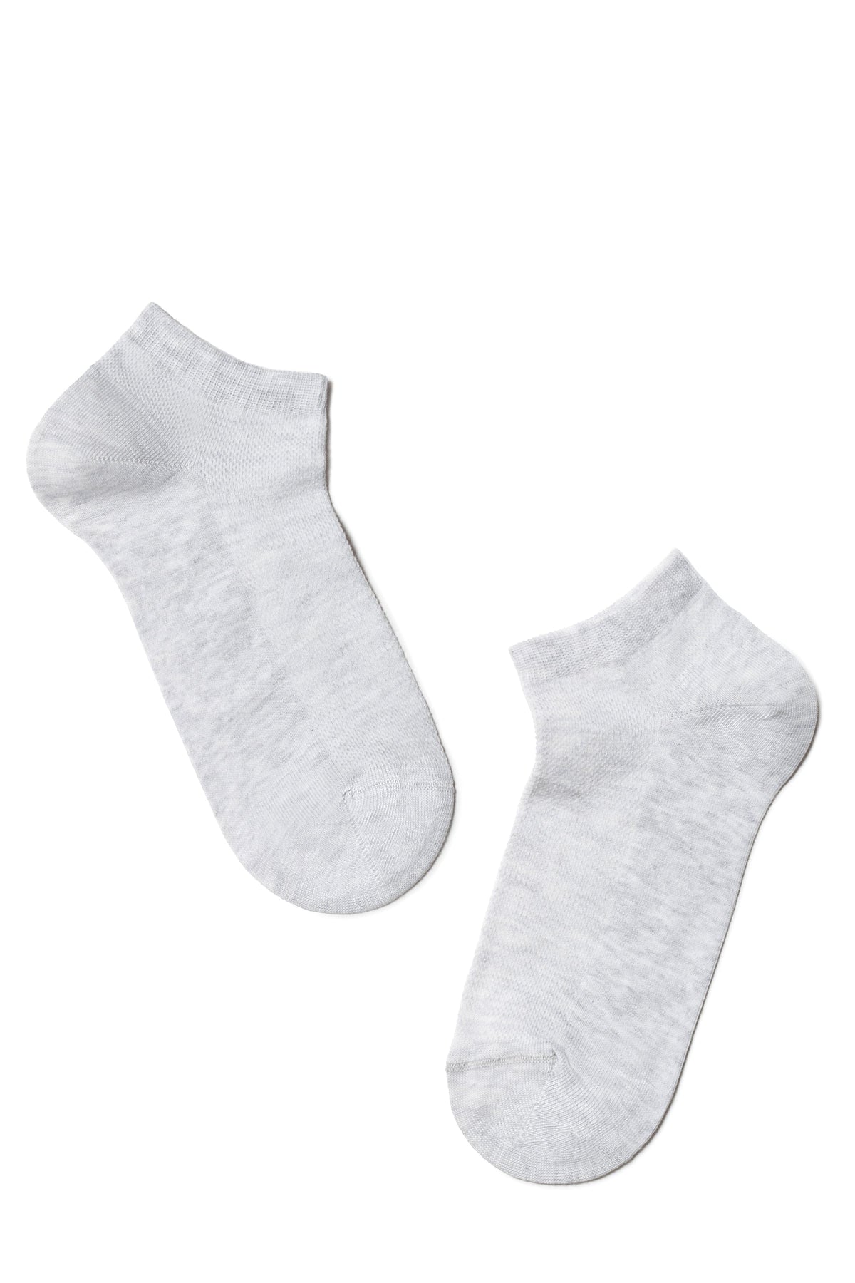 Two light grey ankle socks positioned at an angle against a white background.