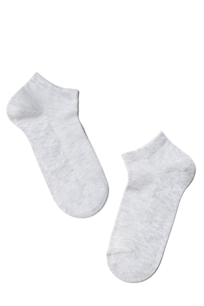Two light grey ankle socks positioned at an angle against a white background.