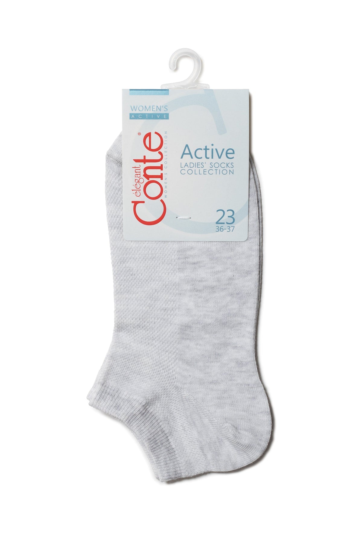 A pair of grey low-cut women's socks hangs from a white plastic display hook with a branded paper tag attached to the top.