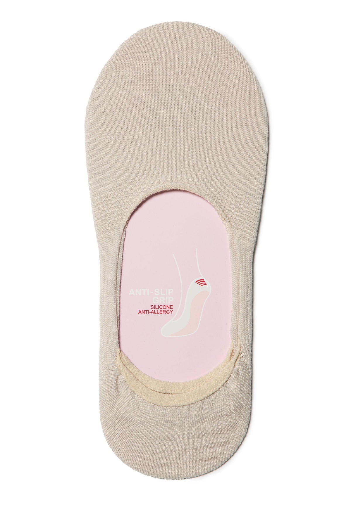 A beige low-cut liner sock with a rounded toe and an internal graphic showing a heel with an anti-slip silicone grip.
