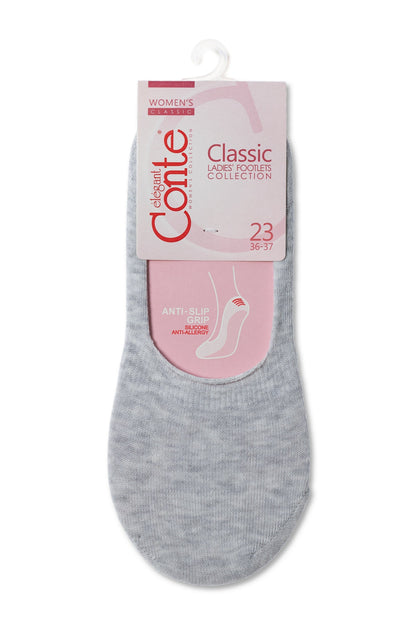 A pair of grey low-cut women's footlet socks on a cardboard retail hanger card featuring a diagram of an anti-slip silicone heel grip.