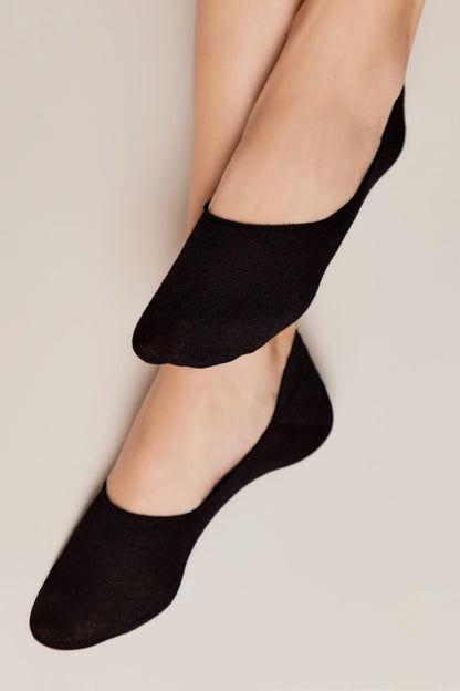 A pair of black no-show socks worn on feet against a plain beige background.