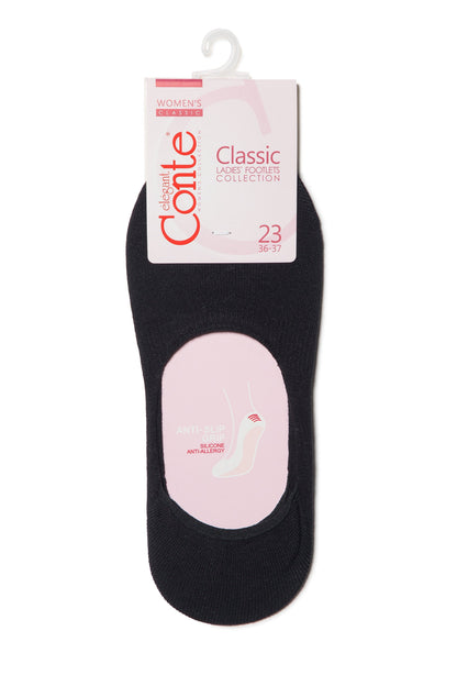 A pair of black women's footlet socks packaged on a white cardboard hanger with pink accents and illustrations.