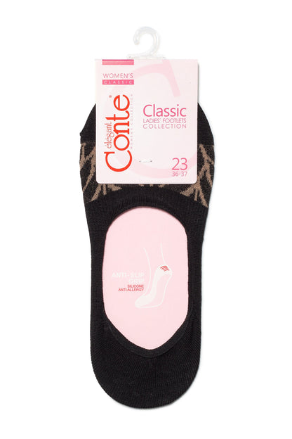 A pair of black low-cut socks with a tan geometric pattern on the heel and top, displayed on a branded cardboard hanger.