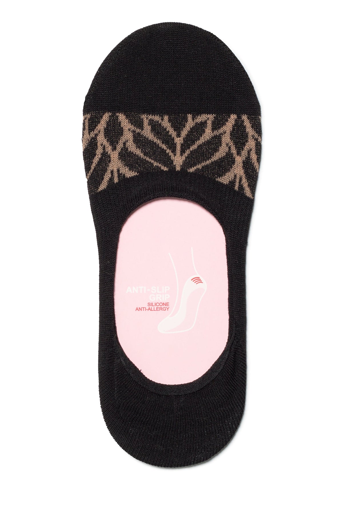 A black no-show sock featuring a brown, leaf-like pattern across the top and an internal anti-slip silicone grip graphic printed on the pink heel area.