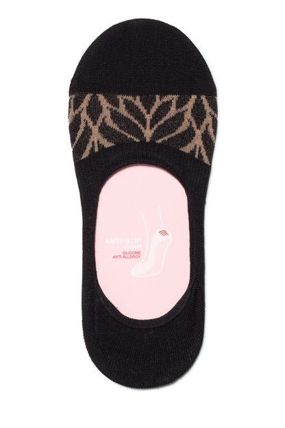 A black no-show sock featuring a brown, leaf-like pattern across the top and an internal anti-slip silicone grip graphic printed on the pink heel area.