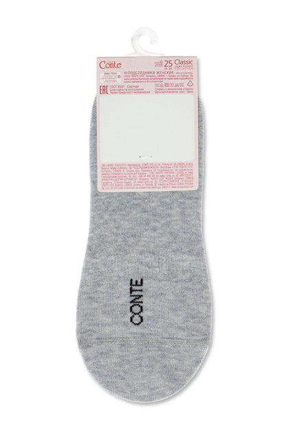 A light grey ankle sock with the brand name printed in black on the heel is displayed against a white background with an attached paper retail tag at the top.