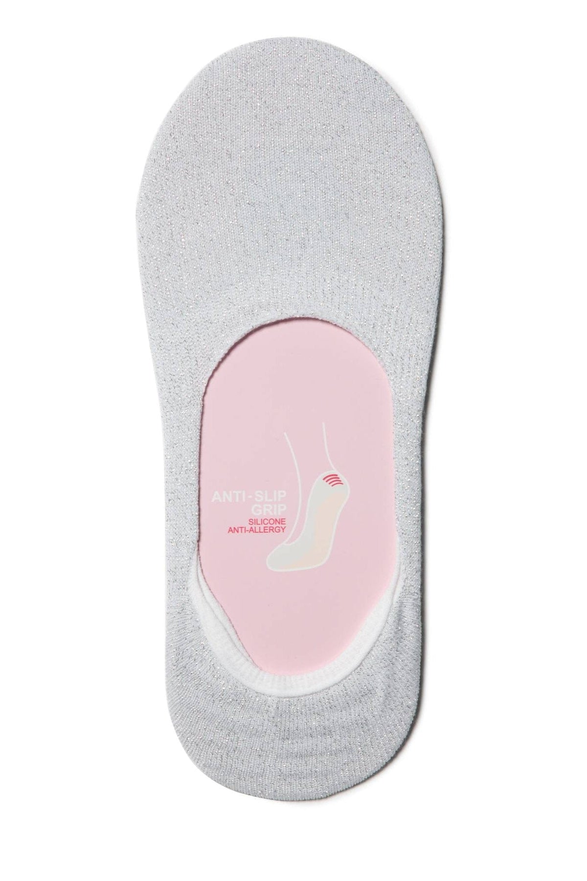 A silver-toned no-show sock featuring a pink interior heel pad with an anti-slip grip icon printed on the surface.