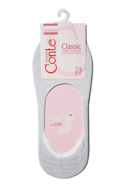 A grey women's footlet sock with a silicone anti-slip grip is displayed on its original cardboard packaging.