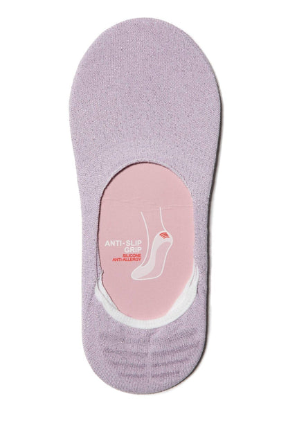 A glittery light purple low-cut liner sock with an interior label featuring an anti-slip grip graphic.