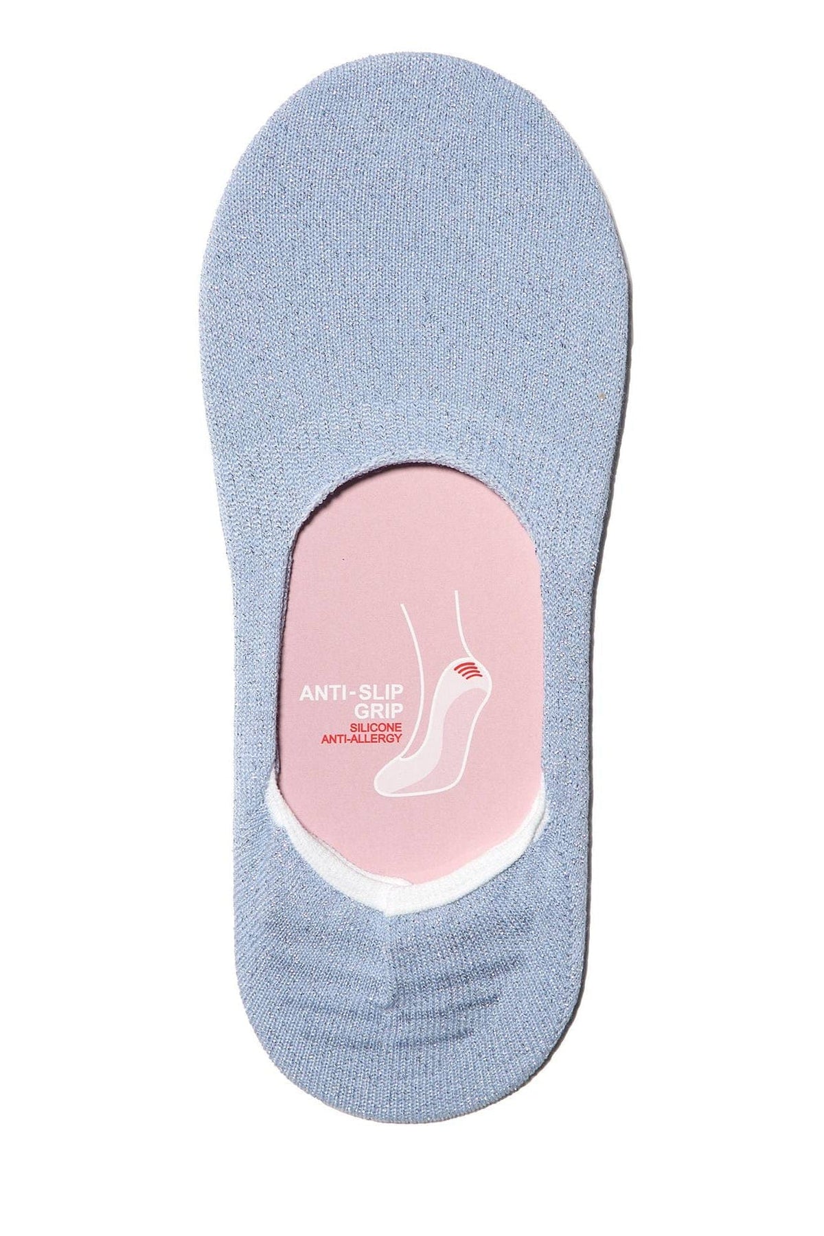 A light blue, low-cut, no-show sock featuring an internal pink panel with an anti-slip silicone grip icon at the heel.