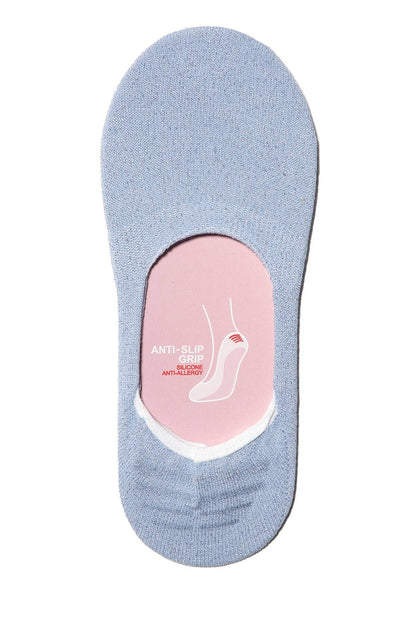 A light blue, low-cut, no-show sock featuring an internal pink panel with an anti-slip silicone grip icon at the heel.