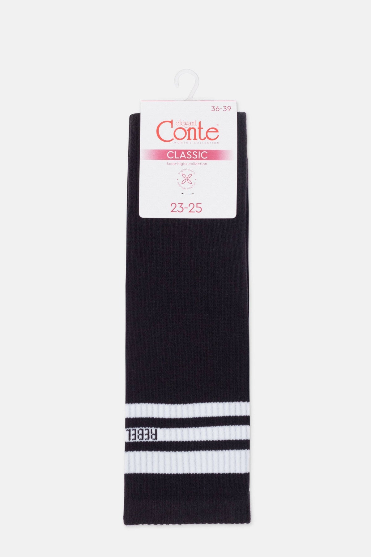 A pair of black knee-high socks featuring two horizontal white stripes near the ribbed cuffs and the text REBEL written in white on the lower stripe.