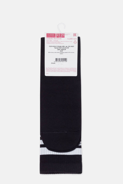 A pair of black knee-high socks with white stripes at the cuffs displayed against a white background with a product information tag attached at the top.