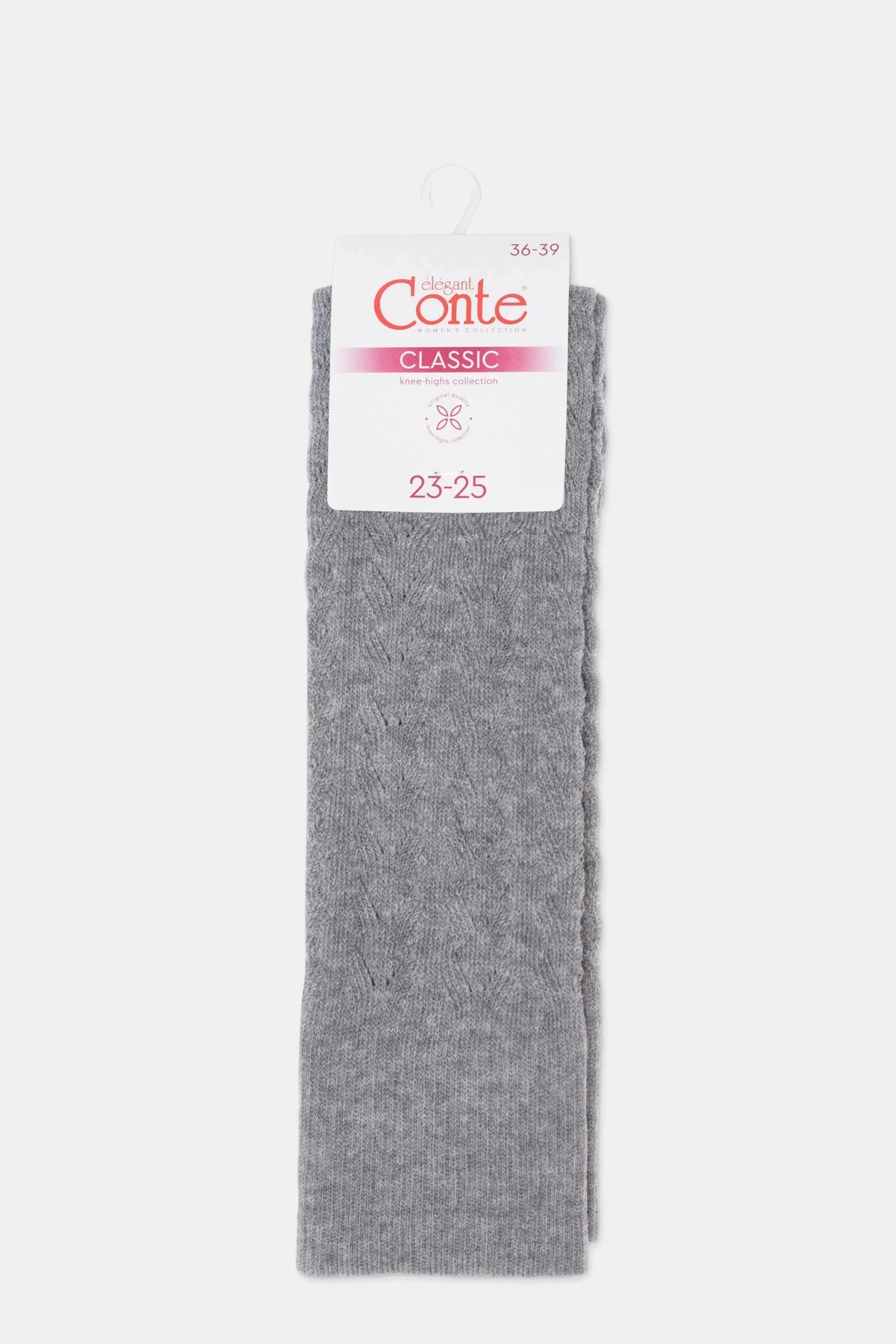 A pair of grey cable-knit knee-high socks hangs from a white retail product tag against a plain light background.