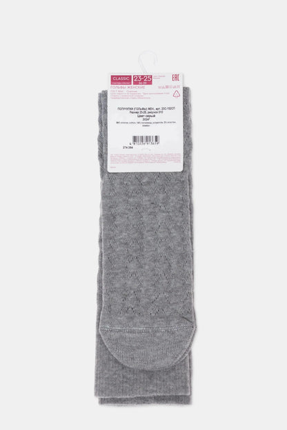 A pair of grey women's knee-high socks with a delicate openwork knit pattern on a white background, featuring a cardboard product information tag at the top.