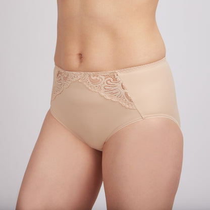 Nude-colored high-waisted briefs with decorative floral lace detailing along the upper front hip panels.