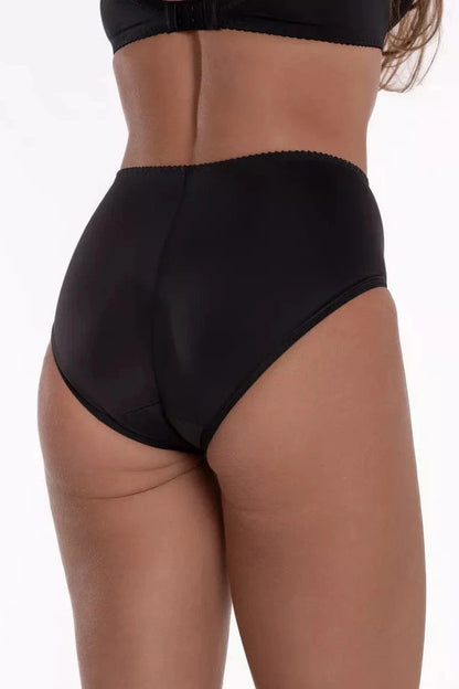 A pair of black full-coverage panties worn by a woman, viewed from behind, featuring a high-waisted design.
