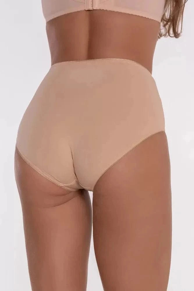 A pair of high-waisted beige briefs shown from the back on a person, featuring a solid neutral tone and a seamless design.