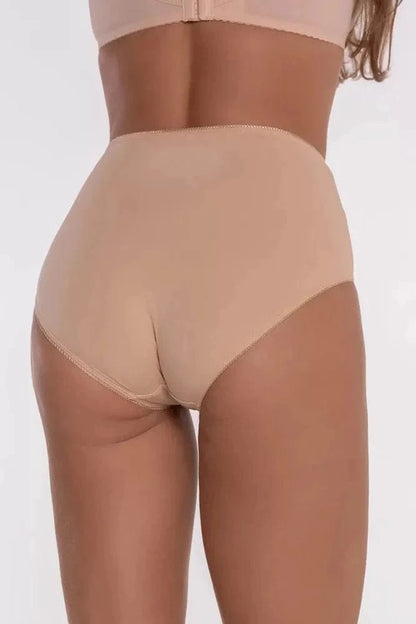 A pair of high-waisted beige briefs shown from the back on a person, featuring a solid neutral tone and a seamless design.