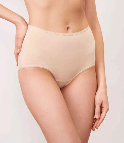 Beige high-waisted briefs with decorative stitching along the waistband and leg openings worn by a person.