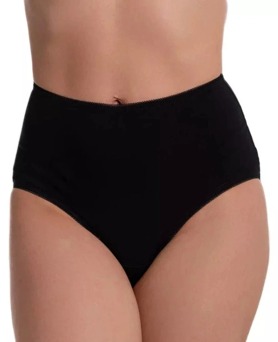 Black high-waisted briefs with a smooth finish and delicate picot edge trim along the waistband and leg openings.