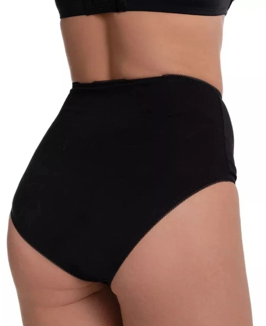 A pair of high-waisted black briefs viewed from the back, featuring a simple cut with delicate trim detailing along the leg openings and waist.