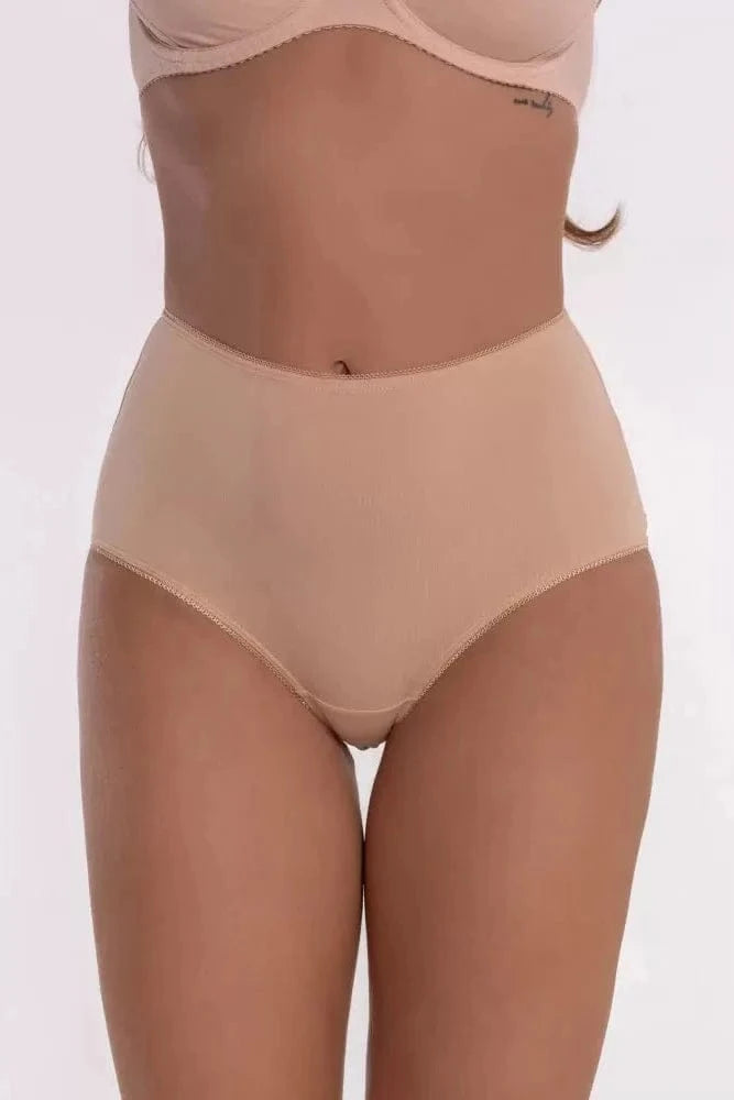 High-waisted beige panties on a person, featuring full coverage and delicate trim along the waistband and leg openings.
