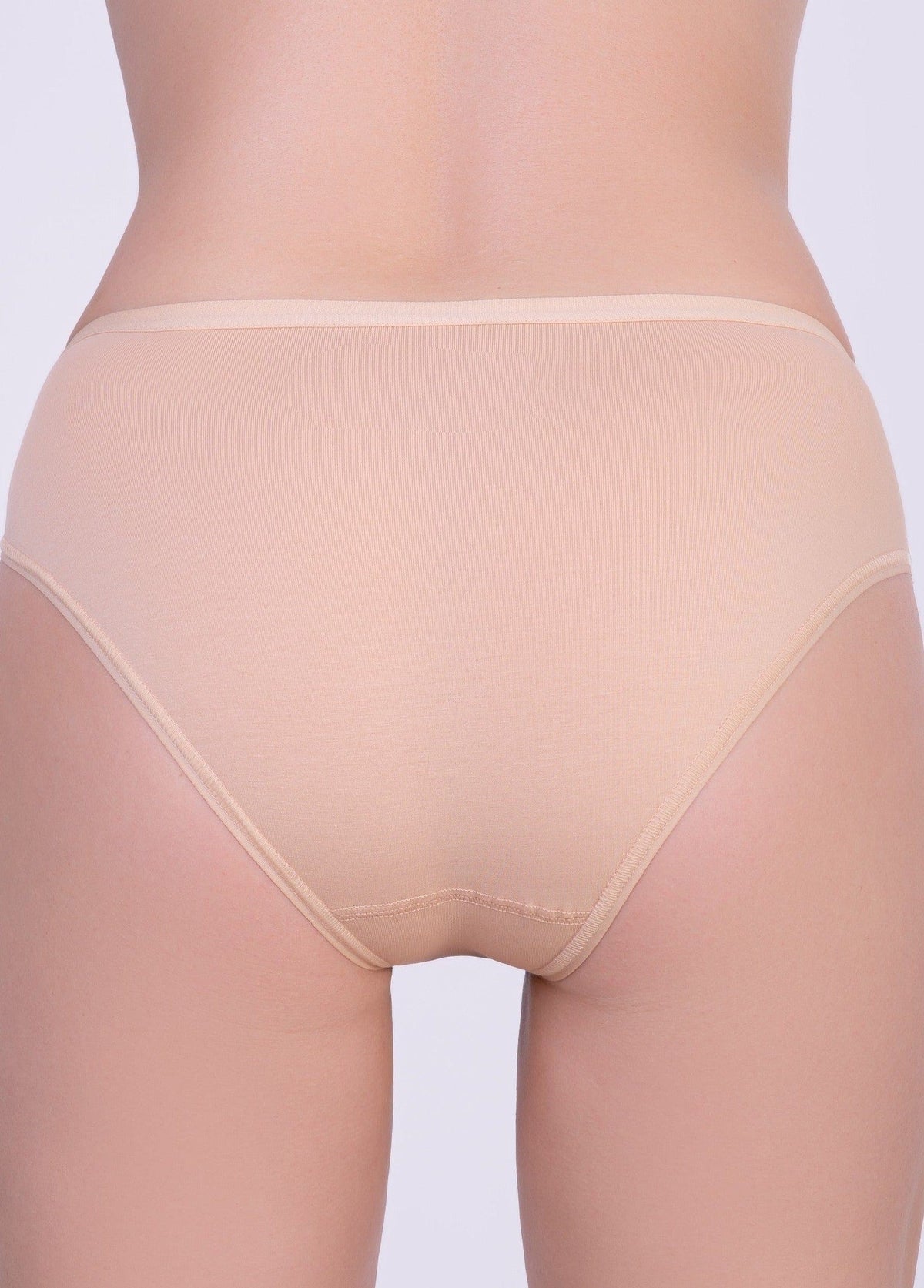 Nude-colored cotton-style bikini briefs shown from the back on a person against a plain light gray background.