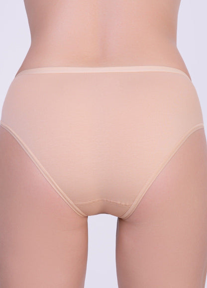Nude-colored cotton-style bikini briefs shown from the back on a person against a plain light gray background.