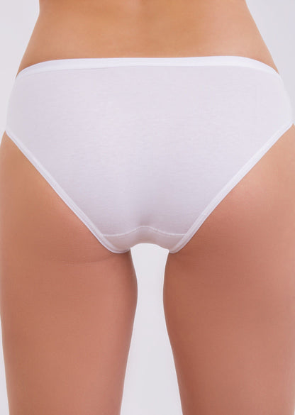 A back view of white cotton-style bikini underwear on a person against a plain white background.