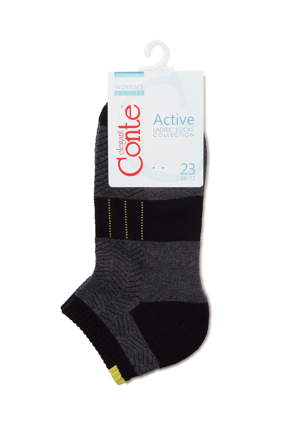Ankle-length athletic socks in a dark grey and black striped pattern with a small yellow accent at the heel, displayed on a hanging retail card.