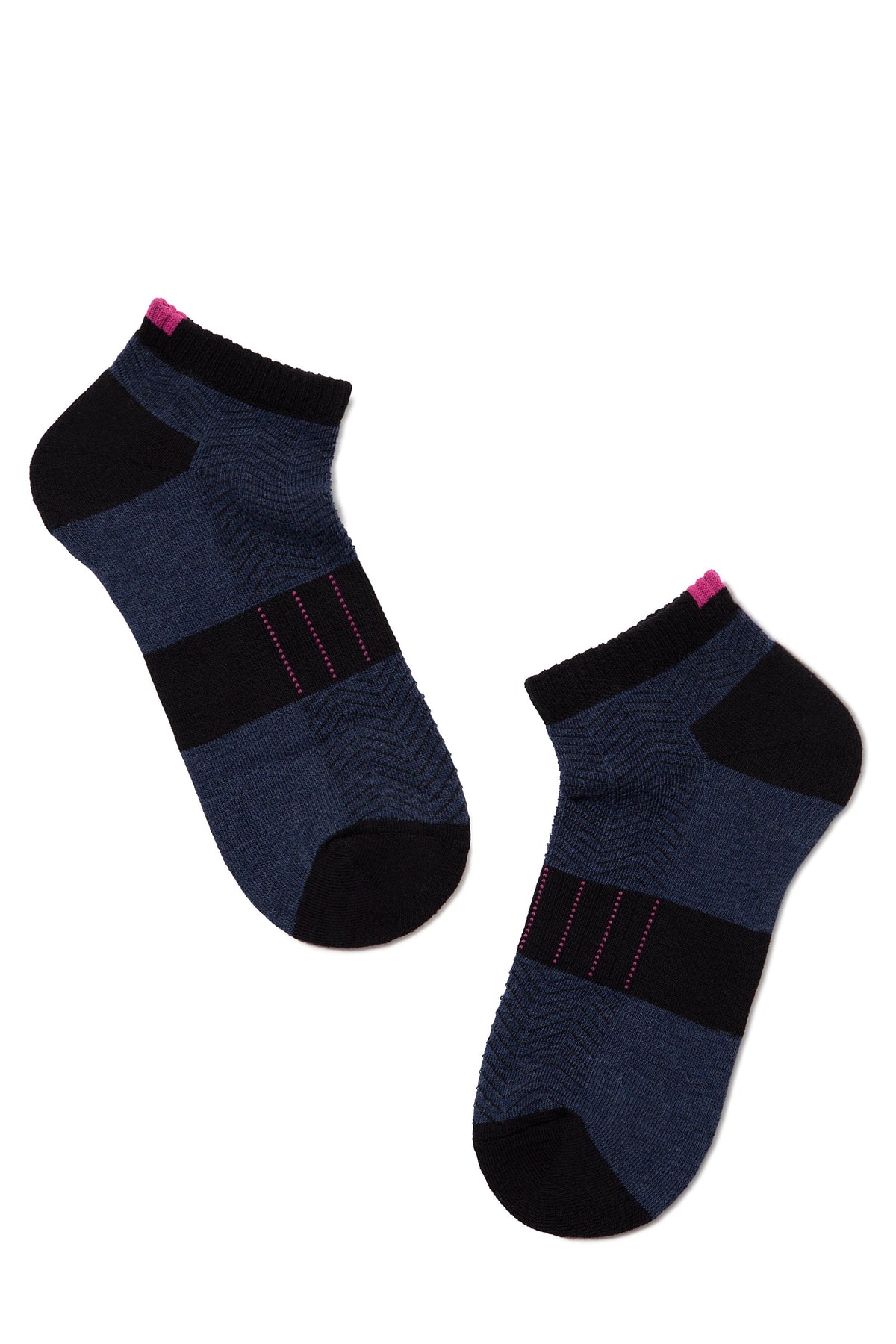A pair of ankle-length athletic socks featuring a dark blue and black striped pattern with small pink accents at the top cuff and along the mid-foot.