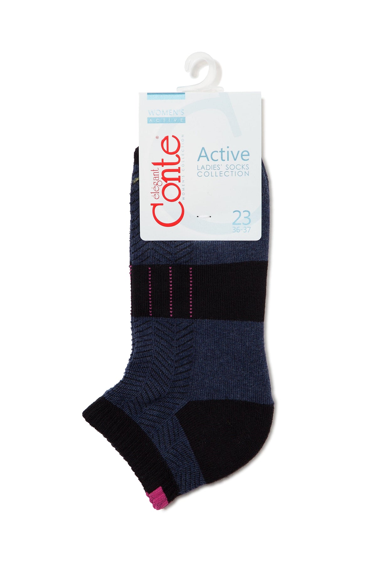 Ankle-length athletic sock with a navy and black striped pattern, featuring a textured knit design, pink accent details at the top and heel, and a white retail hang tag attached at the top.