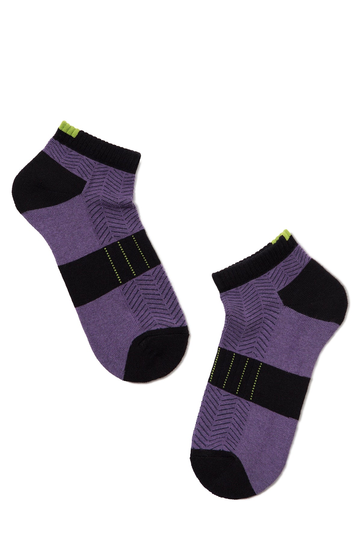 A pair of ankle socks featuring a purple and black horizontal striped design with textured herringbone patterns and lime green accents on the cuffs.