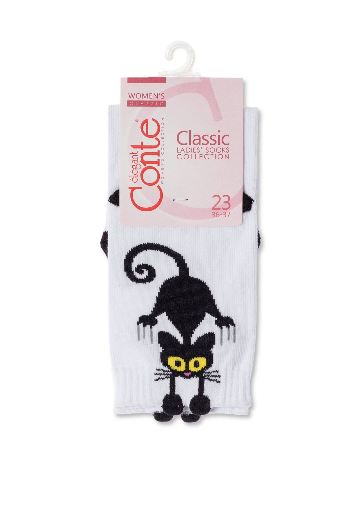 A pair of white ankle socks features a stylized black cat design with large yellow eyes and a small pink tongue on the front.