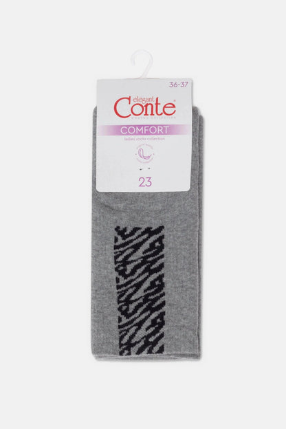 A pair of grey women's socks featuring a black zebra print pattern on the ankle, displayed flat on a white card tag.