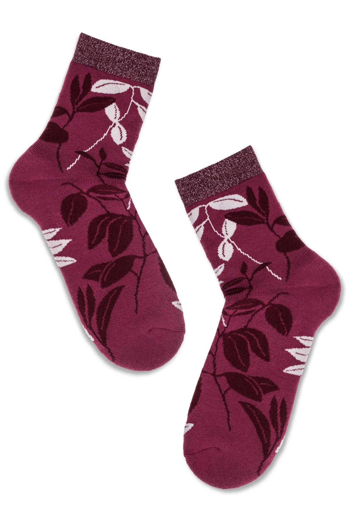 A pair of plum-colored ankle socks featuring a darker floral leaf pattern and a shimmery metallic cuff.
